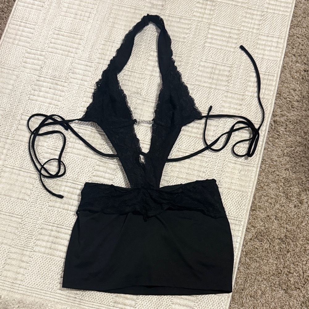 Black Lace Halter Mini Dress